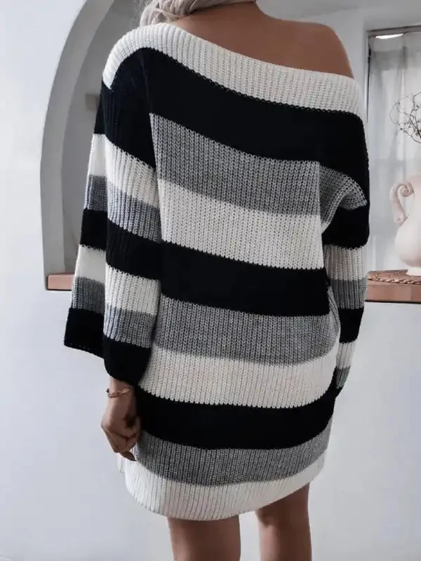 Women’s straight neck off shoulder loose contrast striped knitted wool dress