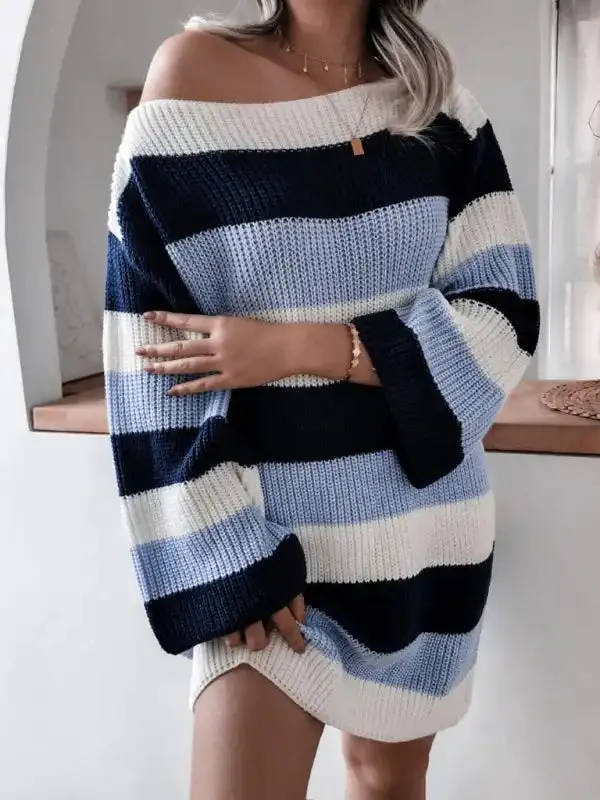 Women’s straight neck off shoulder loose contrast striped knitted wool dress