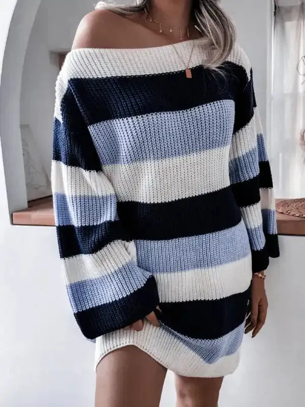 Women’s straight neck off shoulder loose contrast striped knitted wool dress