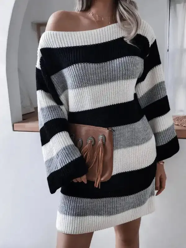 Women’s straight neck off shoulder loose contrast striped knitted wool dress