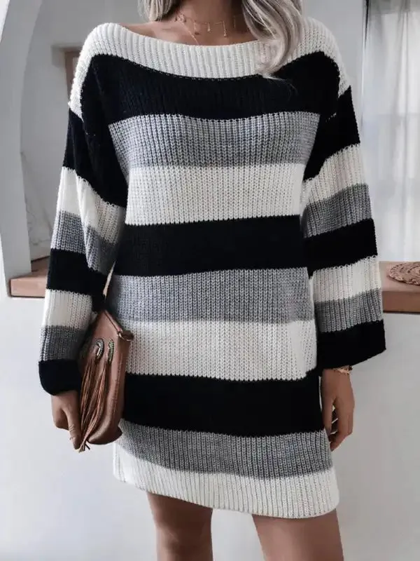 Women’s straight neck off shoulder loose contrast striped knitted wool dress