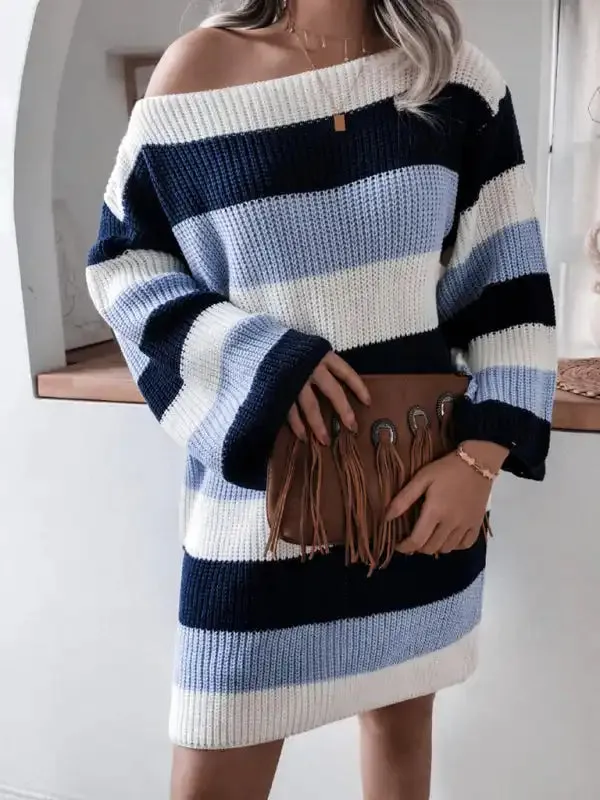 Women’s straight neck off shoulder loose contrast striped knitted wool dress