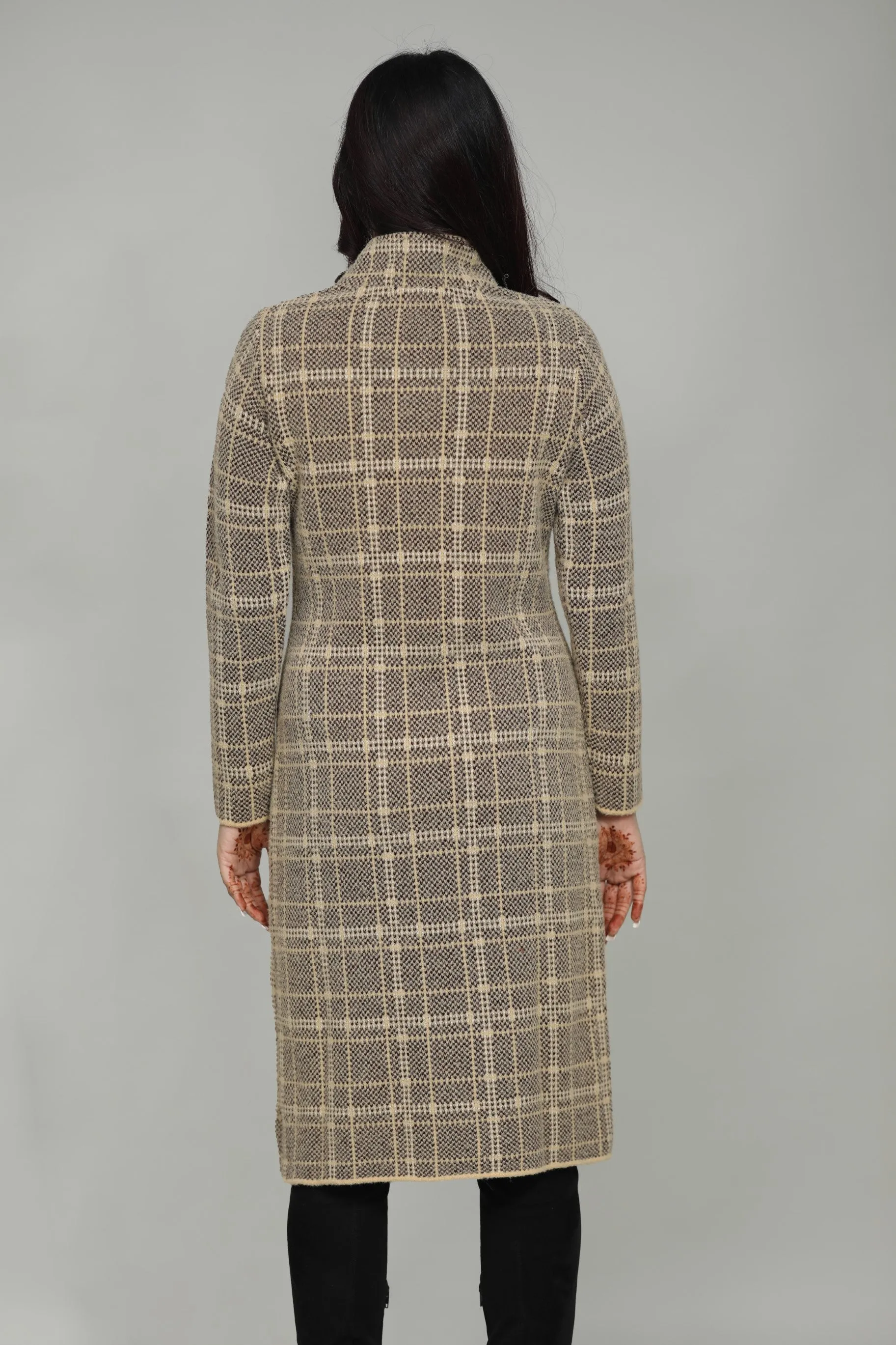 Woolen Checkered T-Neck Long Coat for Women