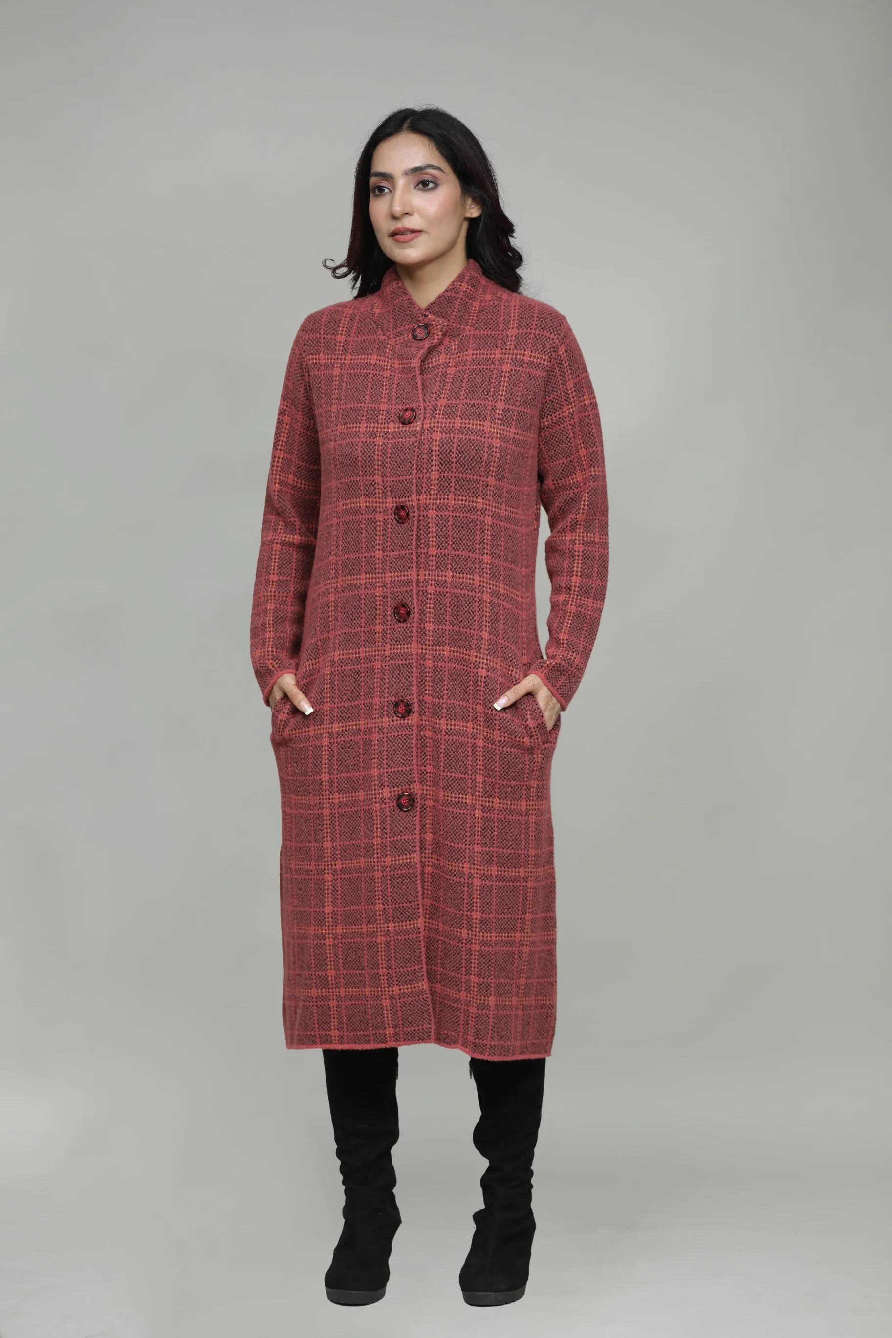 Woolen Checkered T-Neck Long Coat for Women